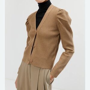 OAK + FORT Puffy Sleeve Tan Ribbed Cardigan size XS